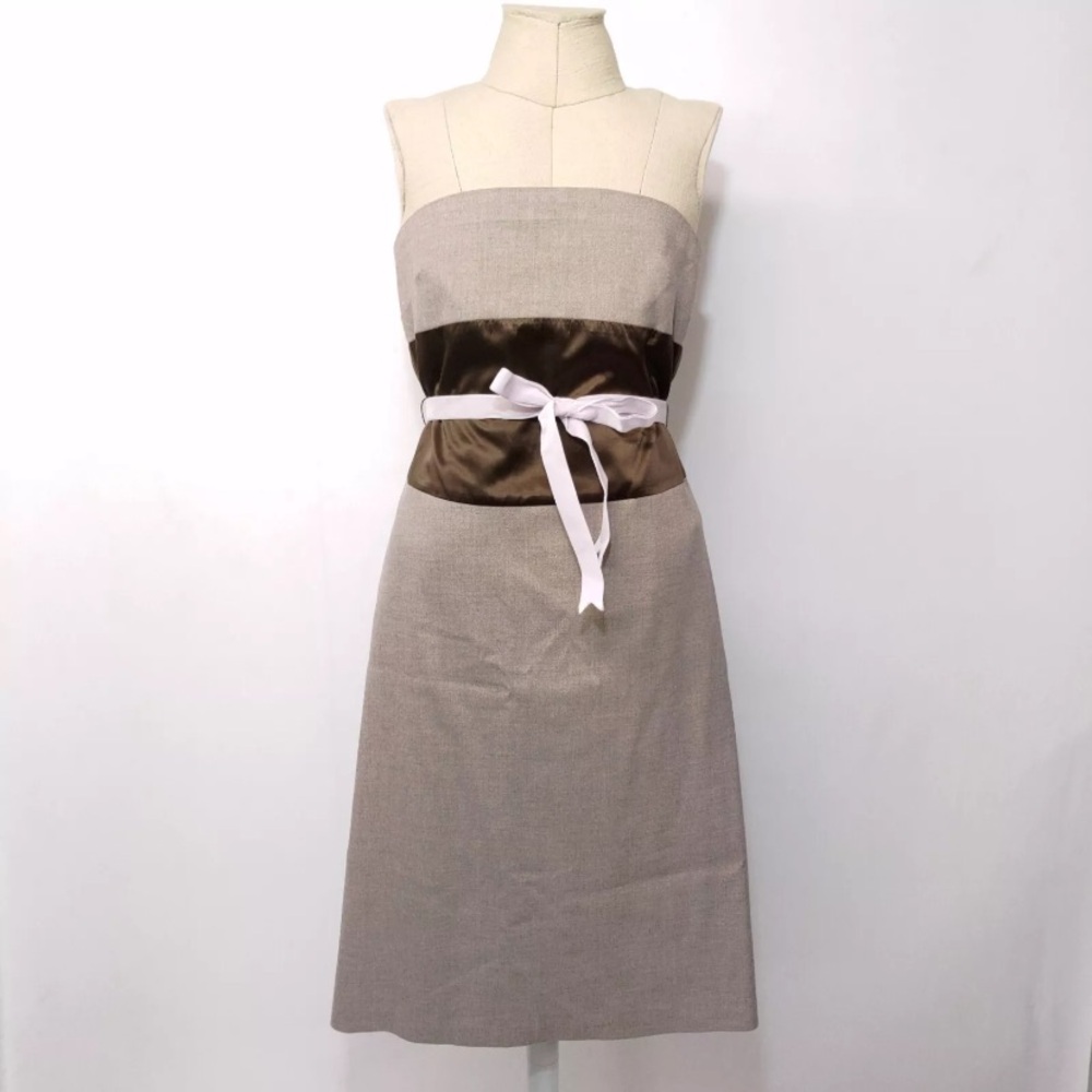 ANTHROPOLOGIE RUTH Sz 4 Tan Pink Strapless Empire Ribbon Dress Retro Vtg